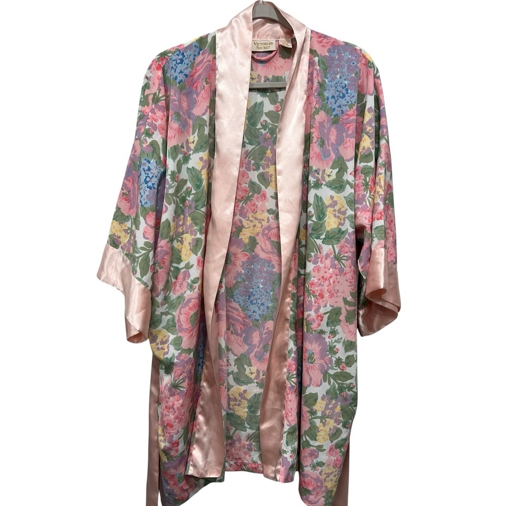 Vintage Victorias Secret Robe One Size Floral Gold Label Kimono Satin Pink Multi
